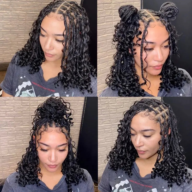 12 Inch Pre-cut Short Boho Braided Box 360 Full Lace Synthetic Cornrow Bob Wig