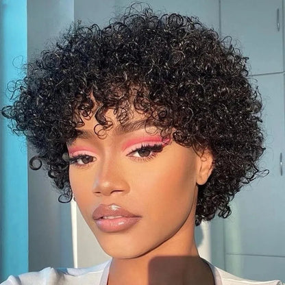 Jerry Curl No Lace Pixie Cut Bob Wig With Bangs 100% Brazilian Human Hair