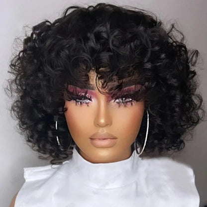 Afro Curly Bouncy Bob Glueless Wig With Bang 100% Remy Human Hair