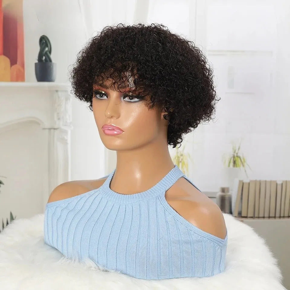 Jerry Curl No Lace Pixie Cut Bob Wig With Bangs 100% Brazilian Human Hair