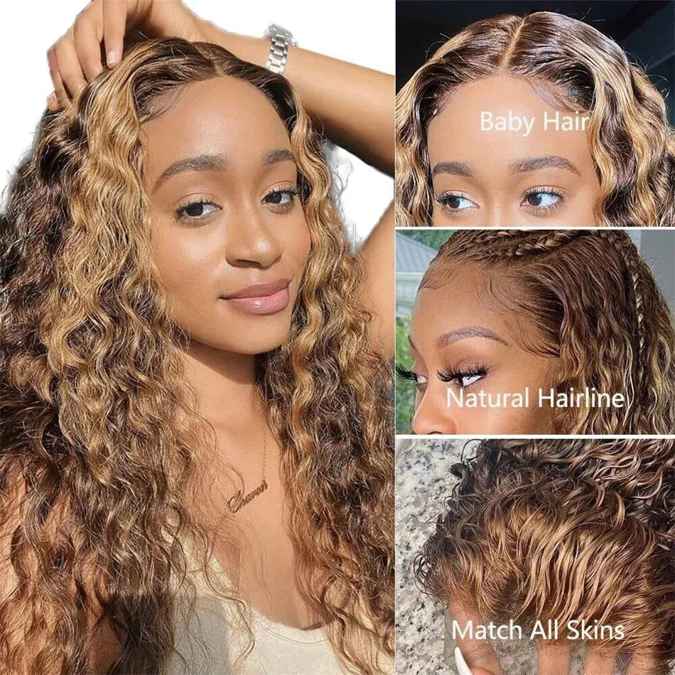 Highlight Honey Blonde Deep Wave Lace Frontal Glueless Wig 100% Virgin Human Hair