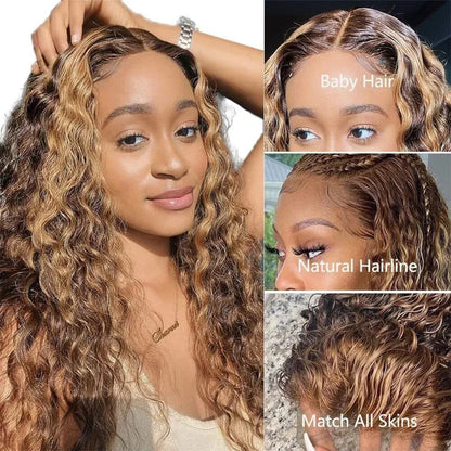 Highlight Honey Blonde Deep Wave Lace Frontal Glueless Wig 100% Virgin Human Hair