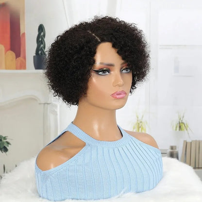 Jerry Curl No Lace Pixie Cut Bob Wig With Bangs 100% Brazilian Human Hair