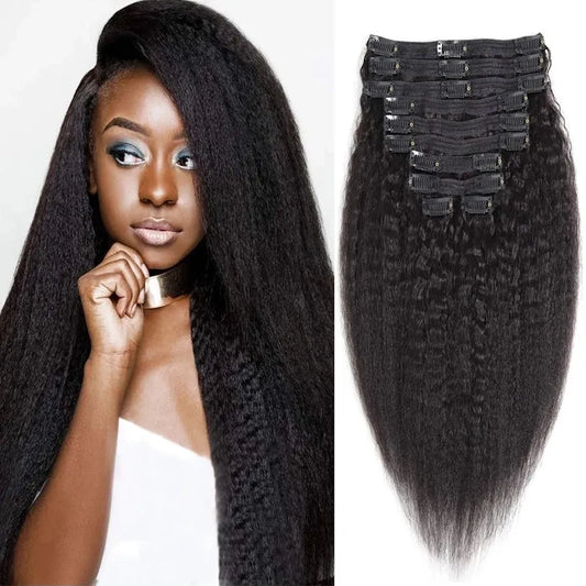 Natural Black Kinky Straight Clip In Hair Extension 100% Virgin Brazilian Human Hair