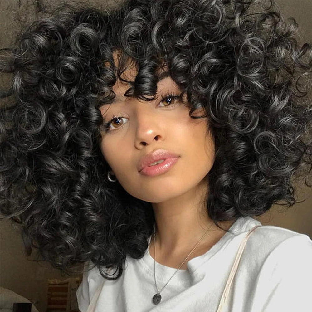 Afro Curly Bouncy Bob Glueless Wig With Bang 100% Remy Human Hair