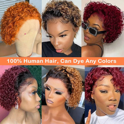 Pixie Curly Water Wave 13x1 Transparent Front Lace Glueless Short Wig With Bangs