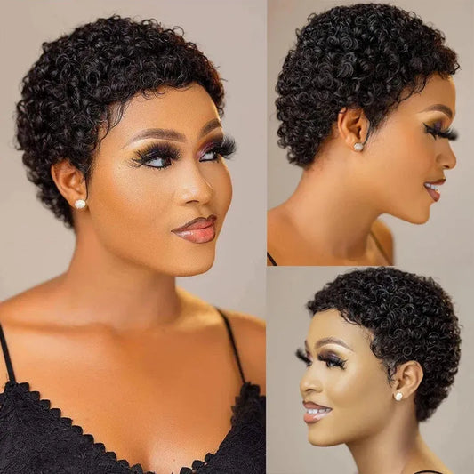 Natural Black Short and Pixie Jerry Curl / Kinky Curly Glueless 100% Human Hair Wig