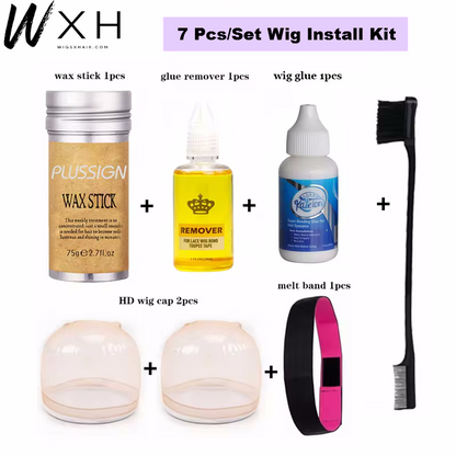 7 Pcs Wig Install Kit: Wax Stick, Glue Remover, Glue, Wig Cap, Lace Band, Brush (Free For $189+ Orders)