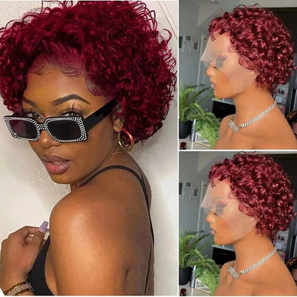 Pixie Curly Water Wave 13x1 Transparent Front Lace Glueless Short Wig With Bangs